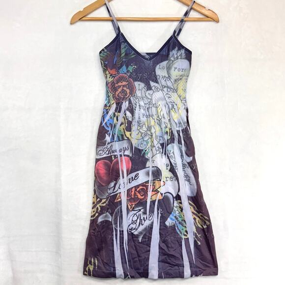 Y2K‎ Feathers Medium Blue Mini Dress Smocked Graffiti Grunge Tattoo Retro Cute - Picture 1 of 8